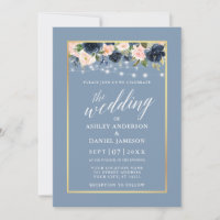 Caligrafia Dusty Luzes Florais Azuis Rosa Casament