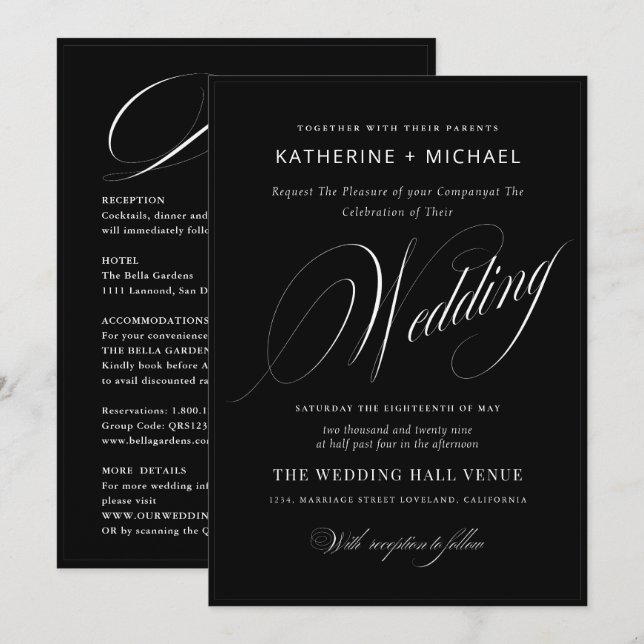 Convites Caligrafia e Detalhes do Script Romântico Casament (Frente/Verso)