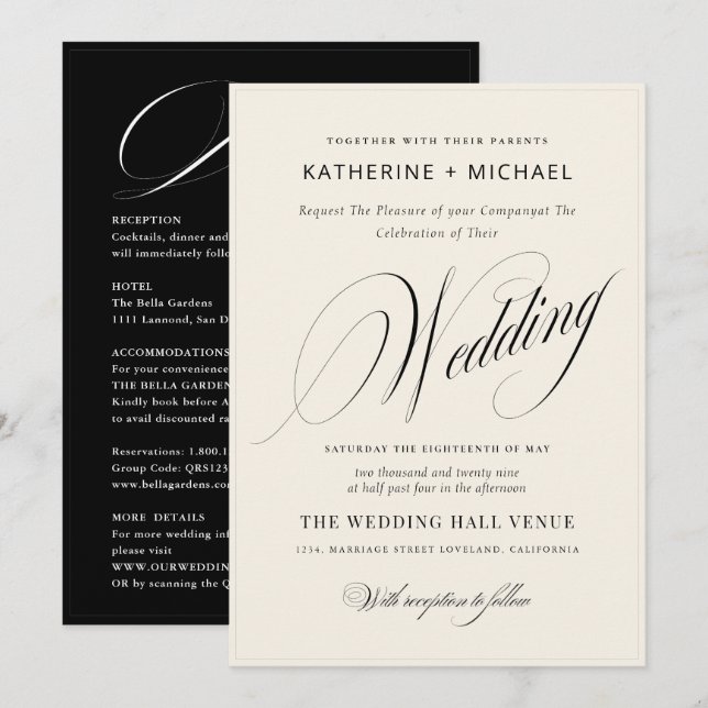 Convites Caligrafia e Detalhes do Script Romântico Casament (Frente/Verso)