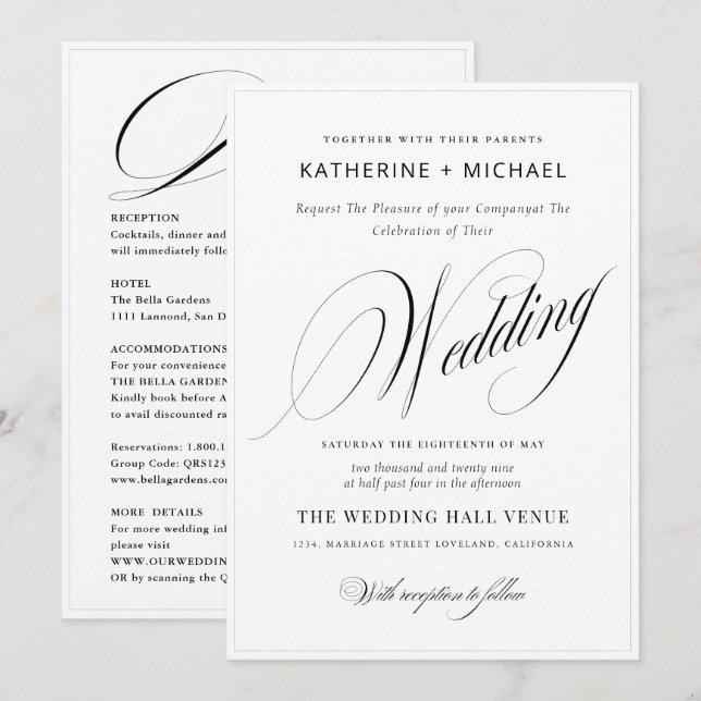 Convites Caligrafia e Detalhes do Script Romântico Casament (Frente/Verso)