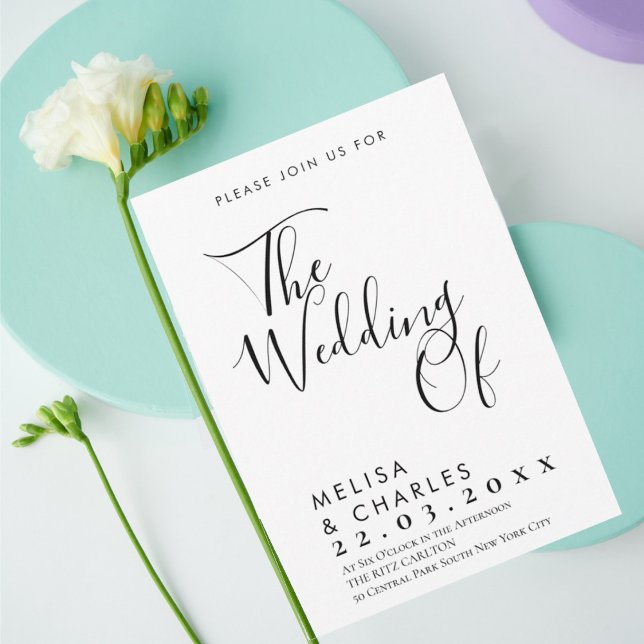 Convites Caligrafia Elegante a preto e branco (Trendy modern black script on white background wedding invitation)