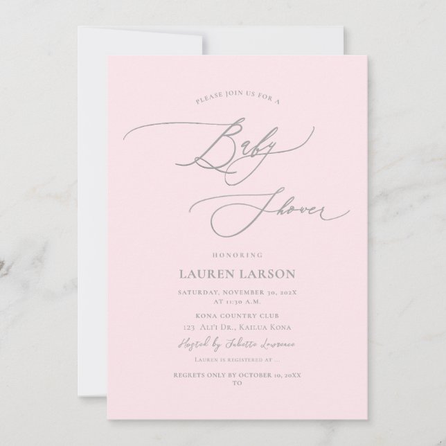 Convites Caligrafia Elegante ArtsApp Bebê Rosa Pálido (Frente)