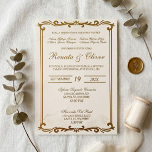 Convites Caligrafia elegante com moldura casamento espanhol