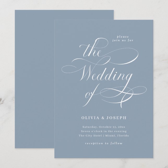 Convites Caligrafia Elegante | Dusty Blue Wedding (Frente/Verso)