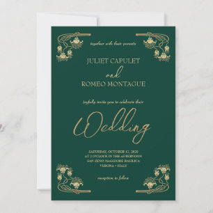 Convites Caligrafia elegante e casamento em ouro e verde Ar