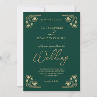 Convites Caligrafia elegante e casamento em ouro e verde Ar