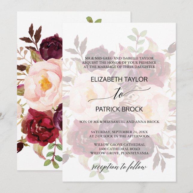 Convites Caligrafia Elegante | Fade Floral Formal (Frente/Verso)