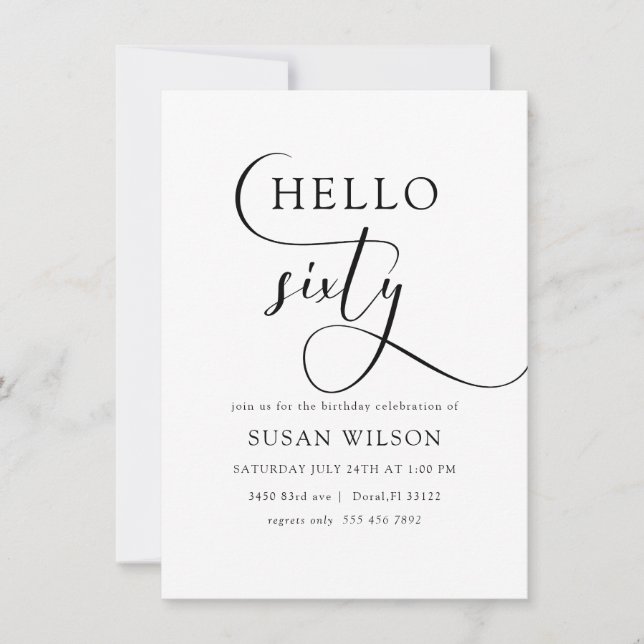 Convites Caligrafia Elegante Moderna Alô 60 Aniversário (Frente)