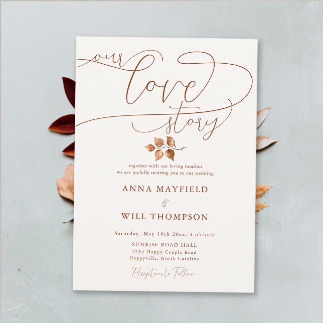 Convites Caligrafia Elegante Nosso Casamento De História De (Our Love Story Romantic Elegant Calligraphy Fall Autumn Wedding Invitation Terracotta Burnt Orange)