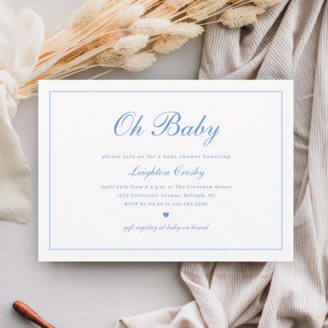 Convites Caligrafia elegante Oh Chá de fraldas de Bebês (Elegant Calligraphy Minimal Boys Oh Baby Baby Shower Invitation.)