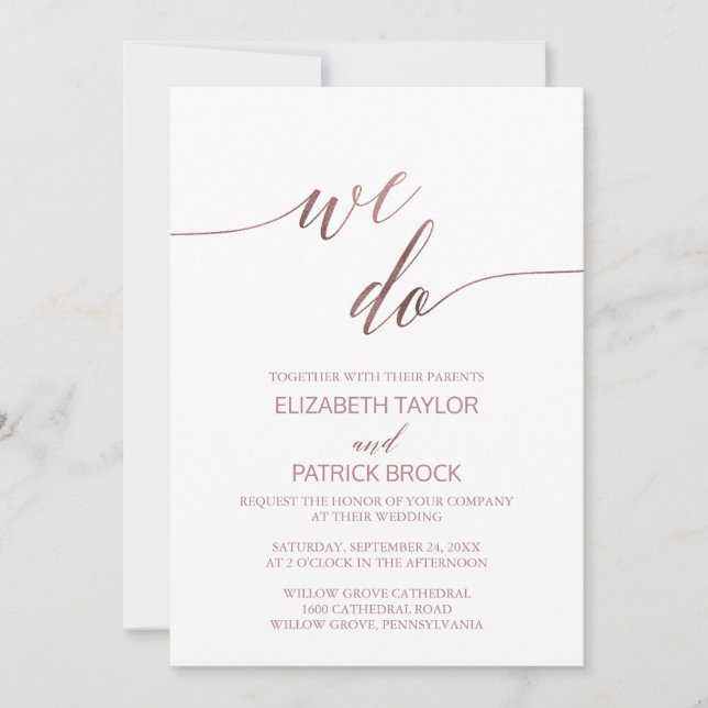 Convites Caligrafia Elegante Rosa Dourada Fazemos Casamento (Frente)