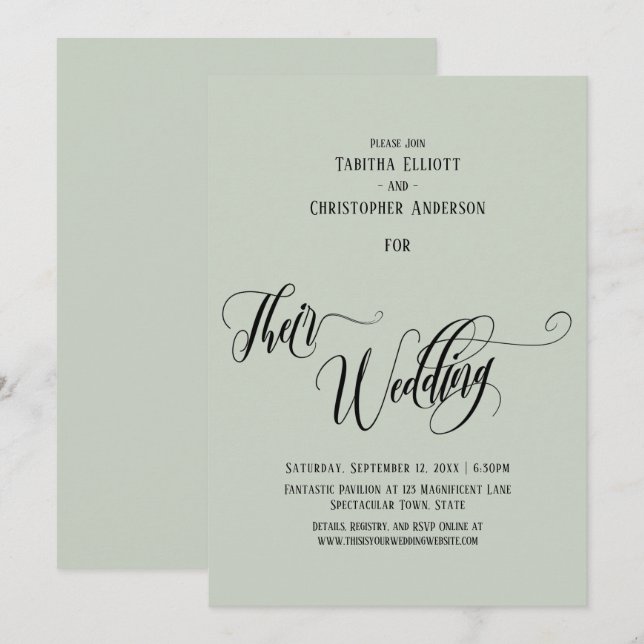 Convites Caligrafia Elegante Seu Casamento Simples Sage (Frente/Verso)