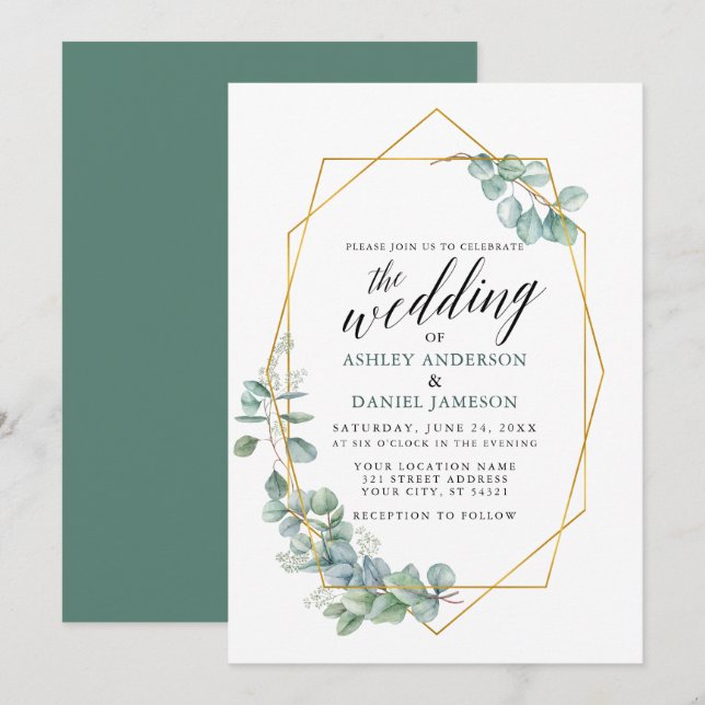 Convites Caligrafia Eucalyptus Greenery, Casamento Dourado (Frente/Verso)
