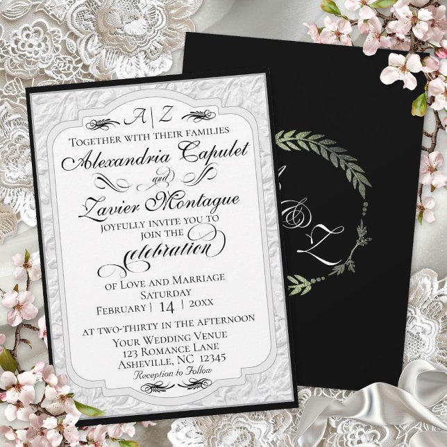 Convites Caligrafia Falsa Relevo Elegante - Branco/Preto (Criador carregado)