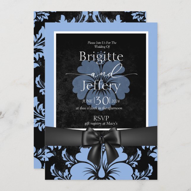 Convites Caligrafia floral azul impressa (Frente/Verso)