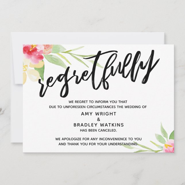 Convites Caligrafia Floral Casamento Cancelado Arrependimen (Frente)