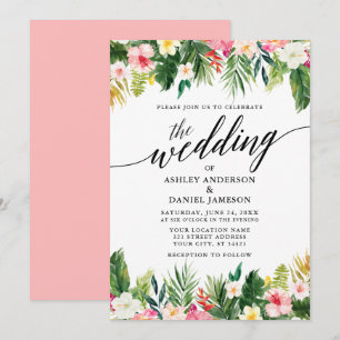 Convites Caligrafia floral tropical da aguarela que Wedding