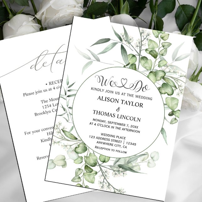 Convites Caligrafia Floral Verde Sage Simples Tudo Em Um ( wedding invitation card  hand-painted winter greenery, #greenery #sagegreen #greenandwhite #chic)