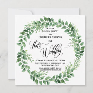 Convites Caligrafia Florescente Coroa Verde de Casamento