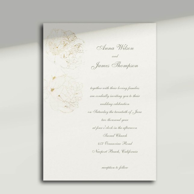 Convites Caligrafia Formal de Esboço de Peônias Douradas Ca (gold peonies wedding invitation formal traditional calligraphy casual modern classic)