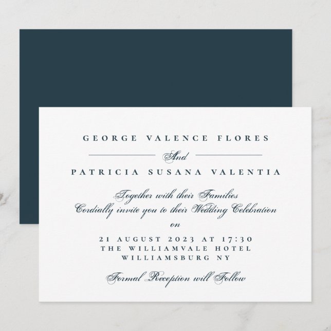 Convites Caligrafia Formal Elegante para Casamento Naval (Frente/Verso)
