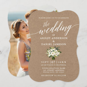 Convites Caligrafia Foto de Casamento Floral Verde Kraft