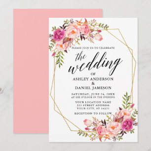 Convites Caligrafia Geométrica Pink Blush Casamento Floral
