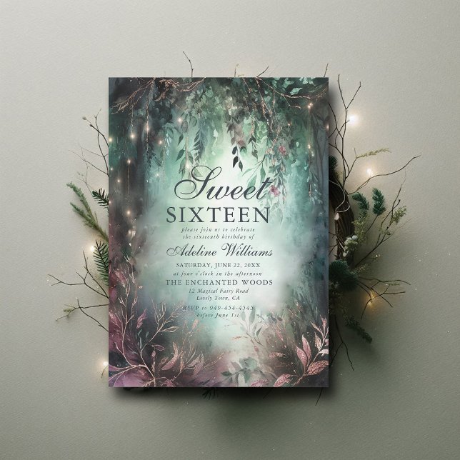 Convites Caligrafia Mágica Florestal Encantada Sweet 16 (enchanted forest sweet 16 birthday invitation moody emerald dripping lights watercolor calligraphy)
