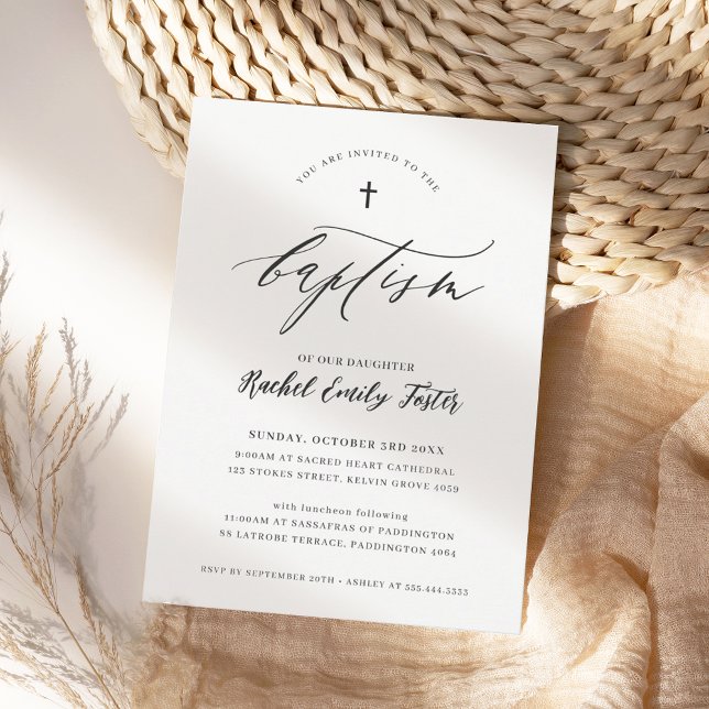 Convites Caligrafia mínima moderna BAPTISM - preto elegante (Criador carregado)