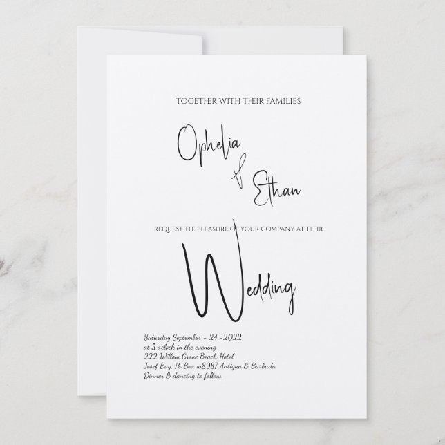 Convites Caligrafia minimalista Casamento preto e branco (Frente)