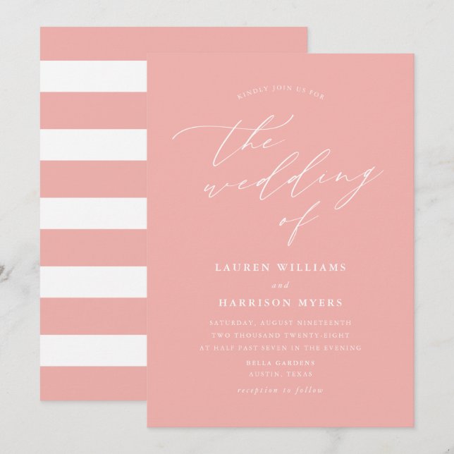 Convites Caligrafia Minimalista Rosa Bege | Casamento (Frente/Verso)
