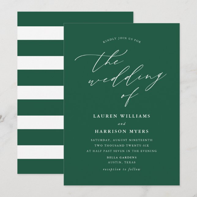 Convites Caligrafia Minimalista Verde | Casamento (Frente/Verso)