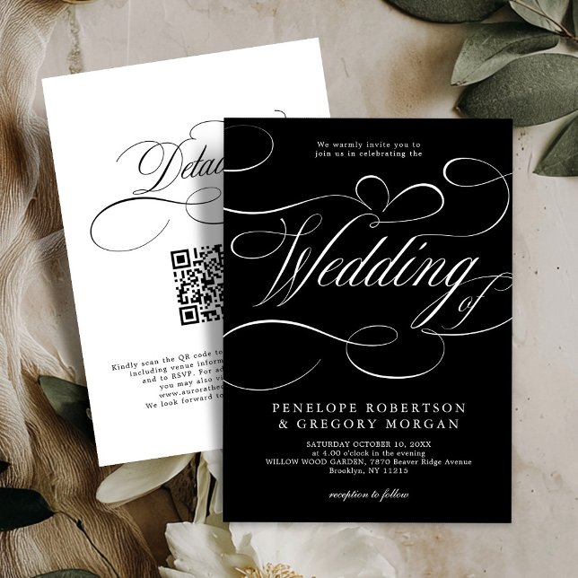 Convites Caligrafia moderna - casamento com código QR preto (Modern calligraphy black and white QR code on back wedding Invitation)