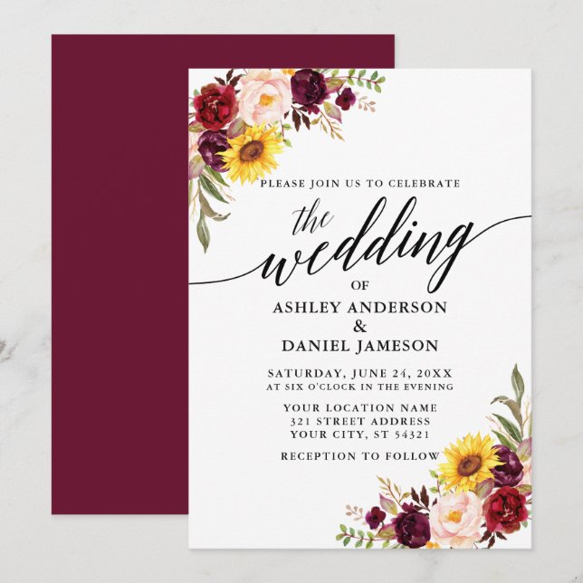 Convites Caligrafia Moderna Casamento Floral Misturado (Frente/Verso)