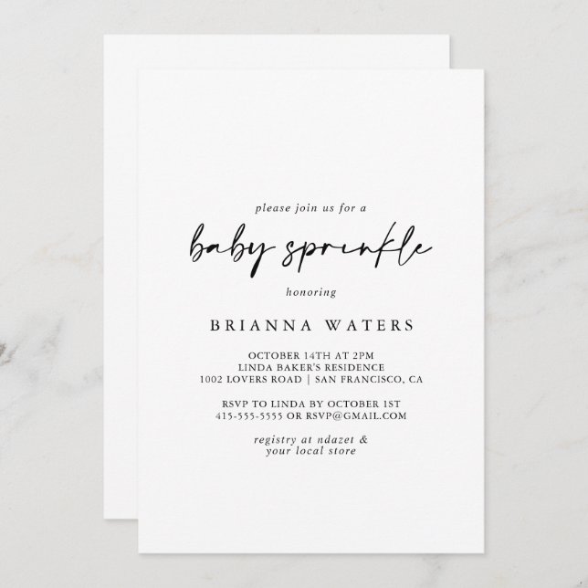 Convites Caligrafia Moderna Elegante Bebê Esprinkle (Frente/Verso)