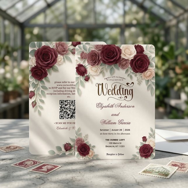 Convites Caligrafia Moderna Elegante Código QR Rosa Borgonh (Criador carregado)