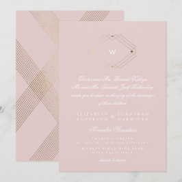 Convites Caligrafia Monograma Folha de Ouro Blush Casamento