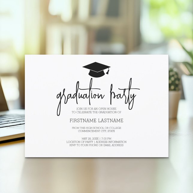 Convites Caligrafia Negra Mínima Moderna para Graduação (Modern Graduation Announcement and Party Invitation)