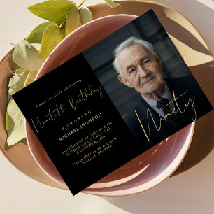 Convites Caligrafia Nove-Décima Foto Preta e Dourada Aniver