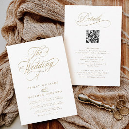 Convites Caligrafia Romântica Dourada Em Um Único Casamento