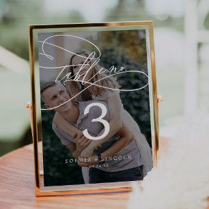 Convites Caligrafia Romântica Foto Escura 5x7" Número da Ta