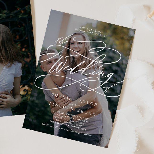 Convites Caligrafia Romântica Foto Escura Casamento Floread (Criador carregado)