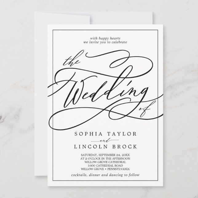 Convites Caligrafia romântica | Quadro De Casamento De (Frente)