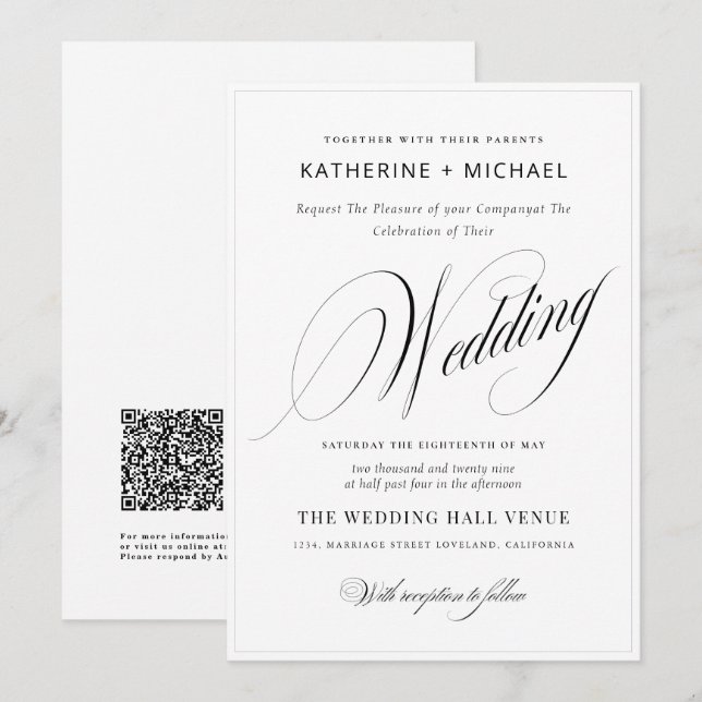 Convites Caligrafia Romântica Simples e Casamento Chic (Frente/Verso)