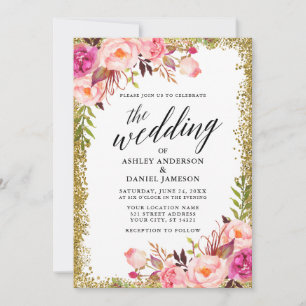Convites Caligrafia Rosa Dourada Floral Rosa De Casamento