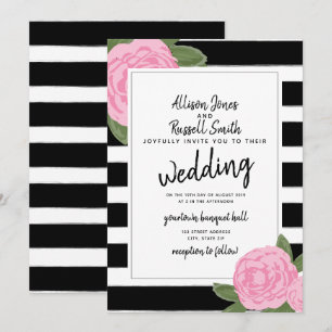 Convites Caligrafia Rosa Rosa Negra + Casamento de Stripe B