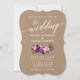 Convites Caligrafia Script Purple Floral Wedding Kraft