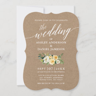 Convites Caligrafia Script Yellow Floral Wedding Kraft