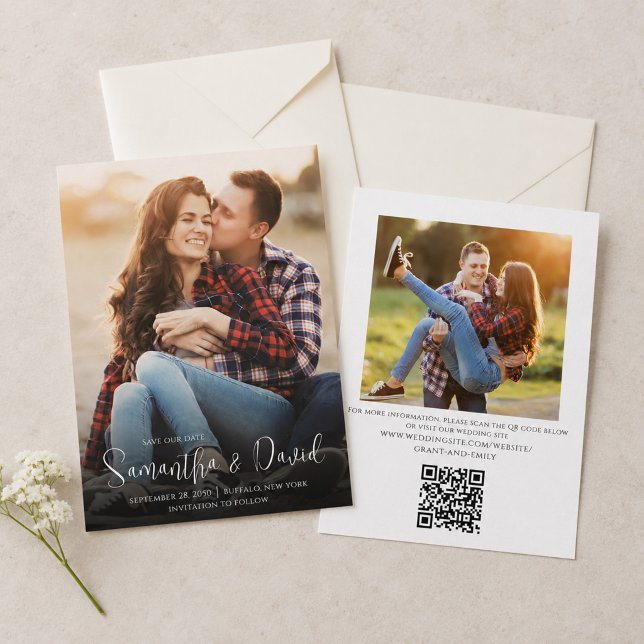 Convites Caligrafia Simples Código QR Mínimo de Duas Fotos (A simple, modern Save the Date featuring two engagement photos and customizable wedding details.)