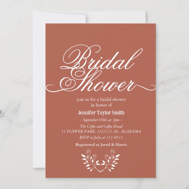 Convites Caligrafia simples e chic Chá de panela de flor se (Frente)